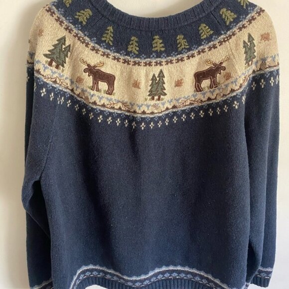 Cozy Autumn Navy Blue Moose and Tree Knit Zip Up Cardigan Sweater Grannycore - Picture 6 of 10